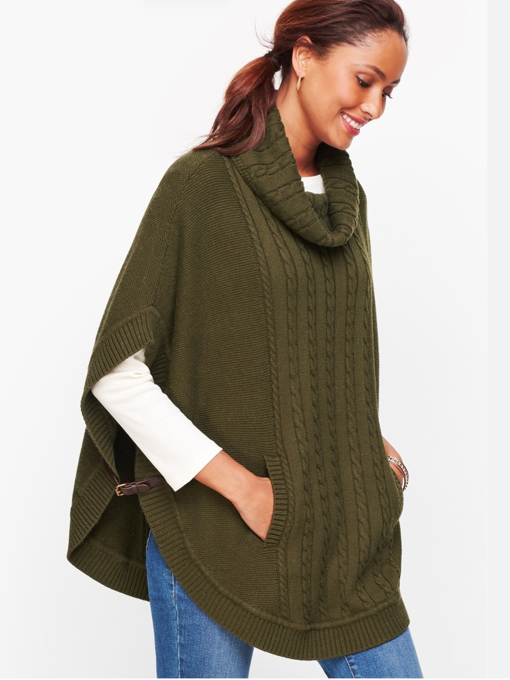 NWT Talbots Cable Knit Cowlneck Poncho in Olive Green SZ S English Country Chic